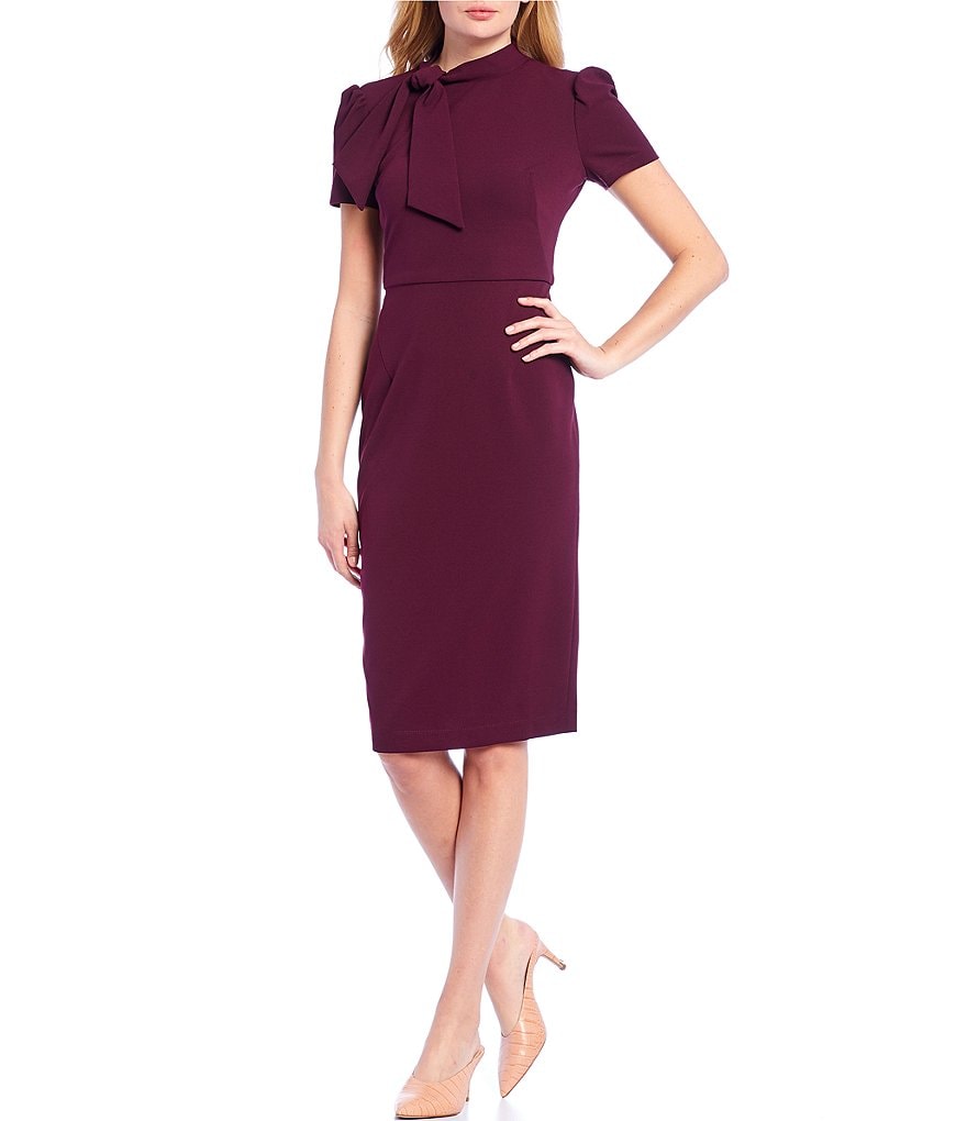 Maggy London Petite Size Tie Neck Puff Sleeve Stretch Crepe Sheath Dress