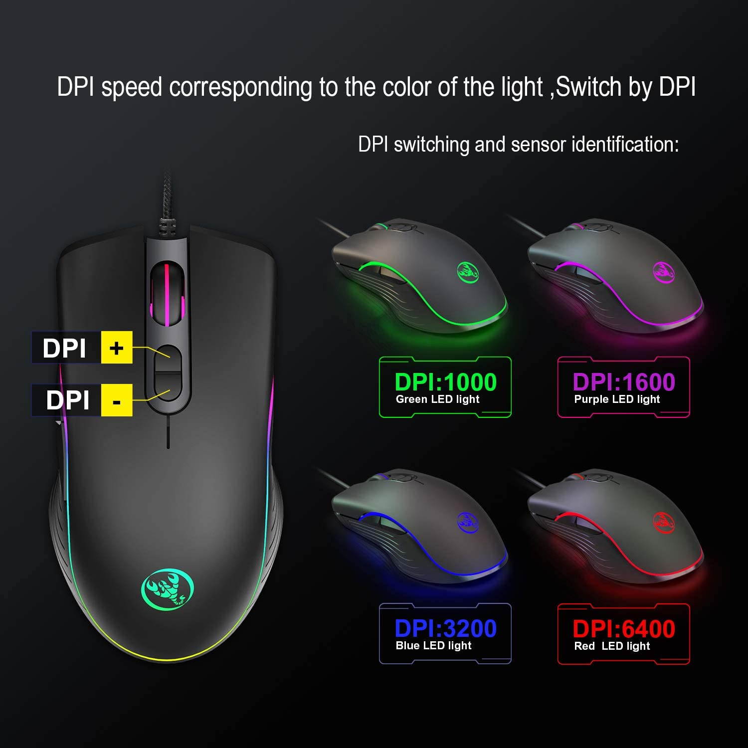 Gaming Mouse with 7 Programmable Buttons, USB Optical Mouse with 6 Buttons, Wired Ergonomic Mice with 4 Adjustable DPI 1000/1600/3200/6400 Extra Weight for PC Laptop Desktop Notebook (Black)