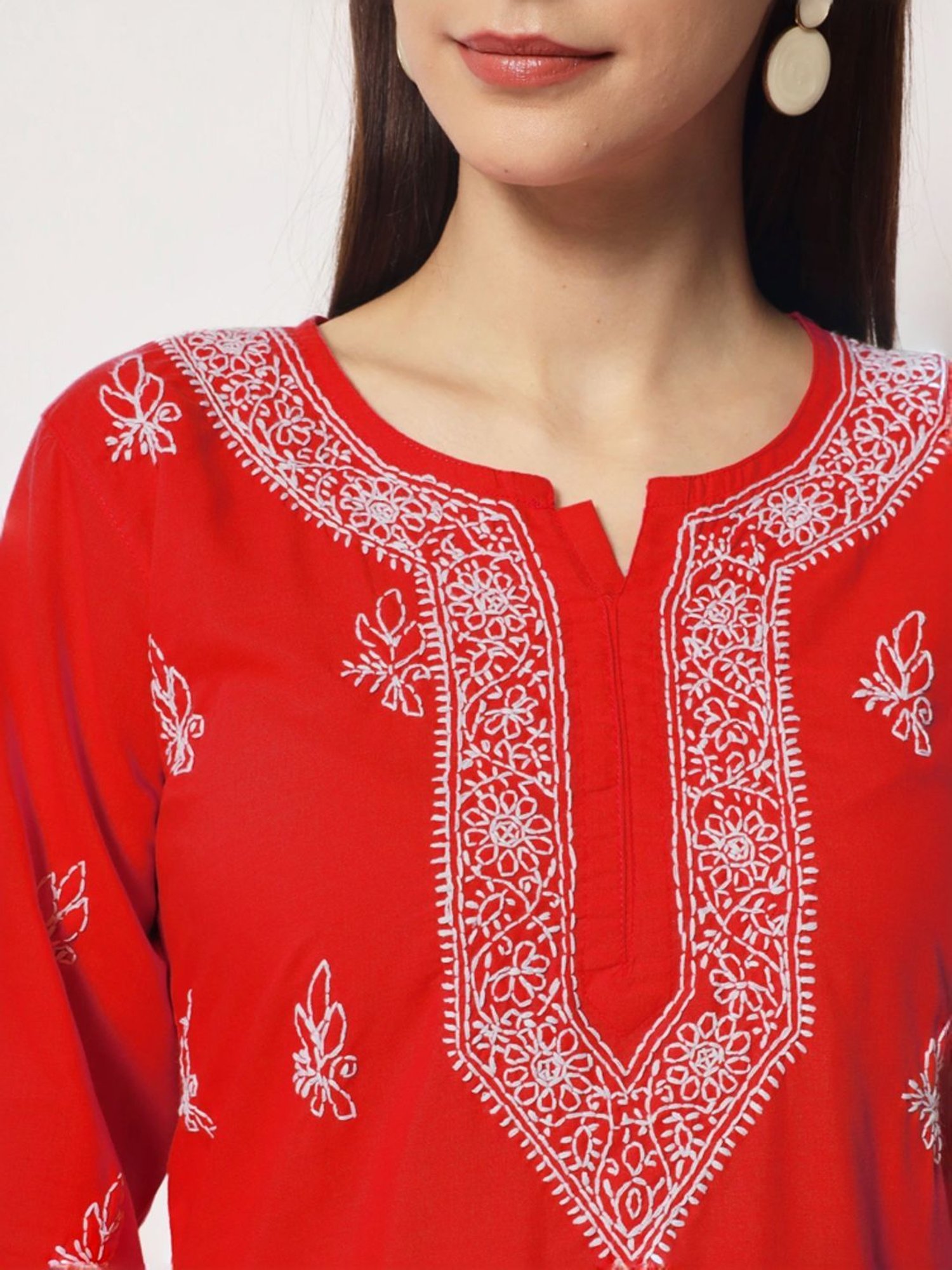 PARAMOUNT CHIKAN Red Cotton Hand Embroidered Chikankari Straight Kurti