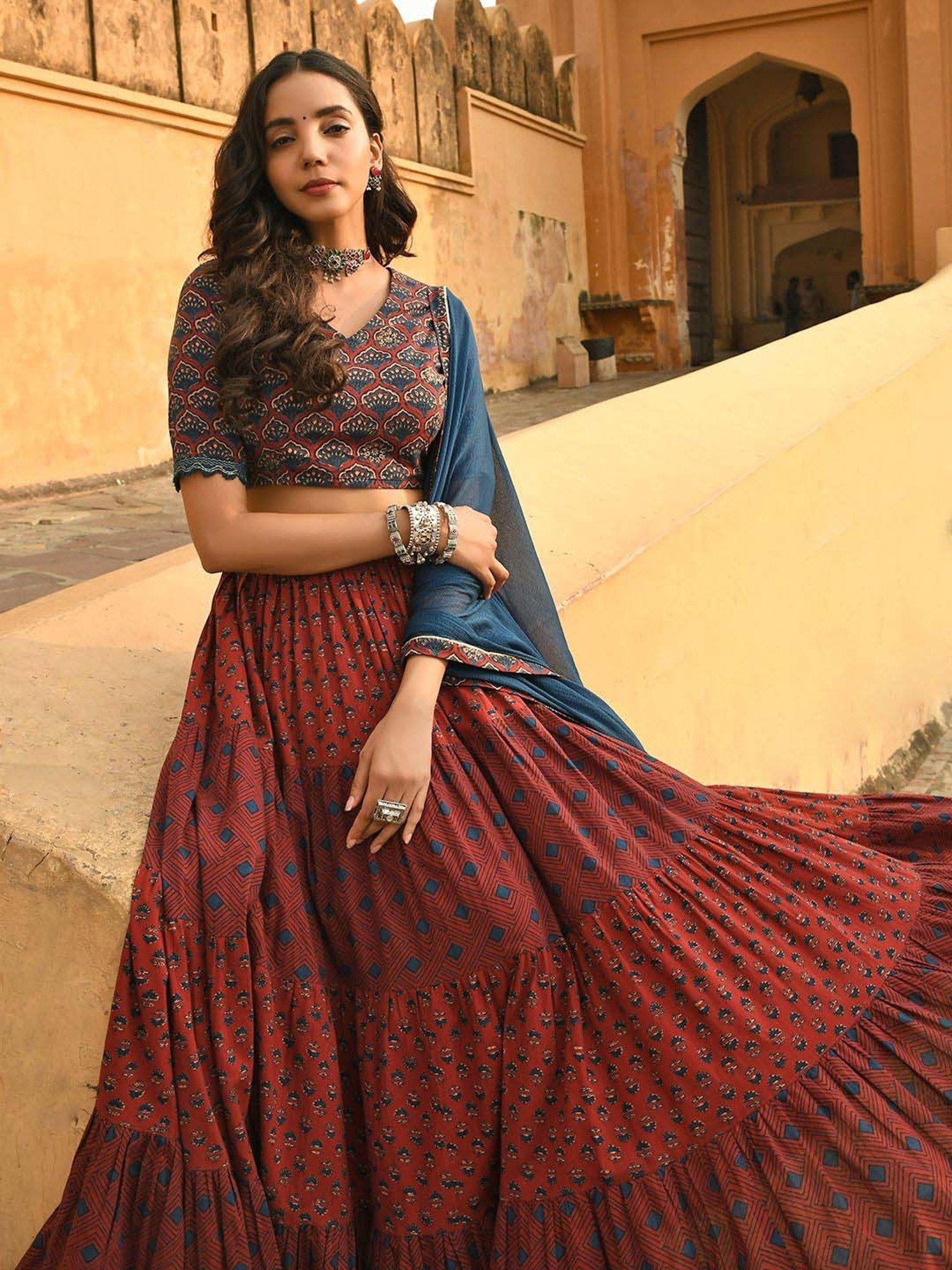 Janasya Maroon Cotton Printed Lehenga & Choli Set With Dupatta
