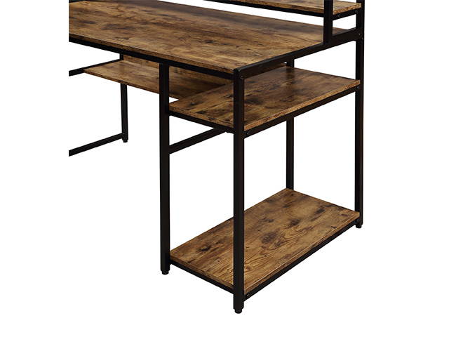 Home Office Game Table Computer Desk with 2-Tier Bookshelf and Open Storage Shelf Equipped with Removable Monitor Riser,Brown,GT55