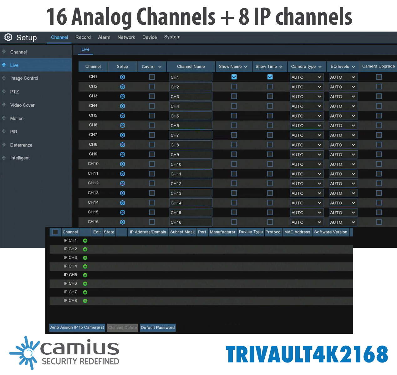 Camius 4K 16 Channel Hybrid DVR  without HDD  - works with CVBS, AHD CVI, TVI BNC analog cameras + 8CH IP, 4K HDMI, Mobile app, PC, Mac software,  view  - TRIVAULT4K2168 (ONLY  DVR)