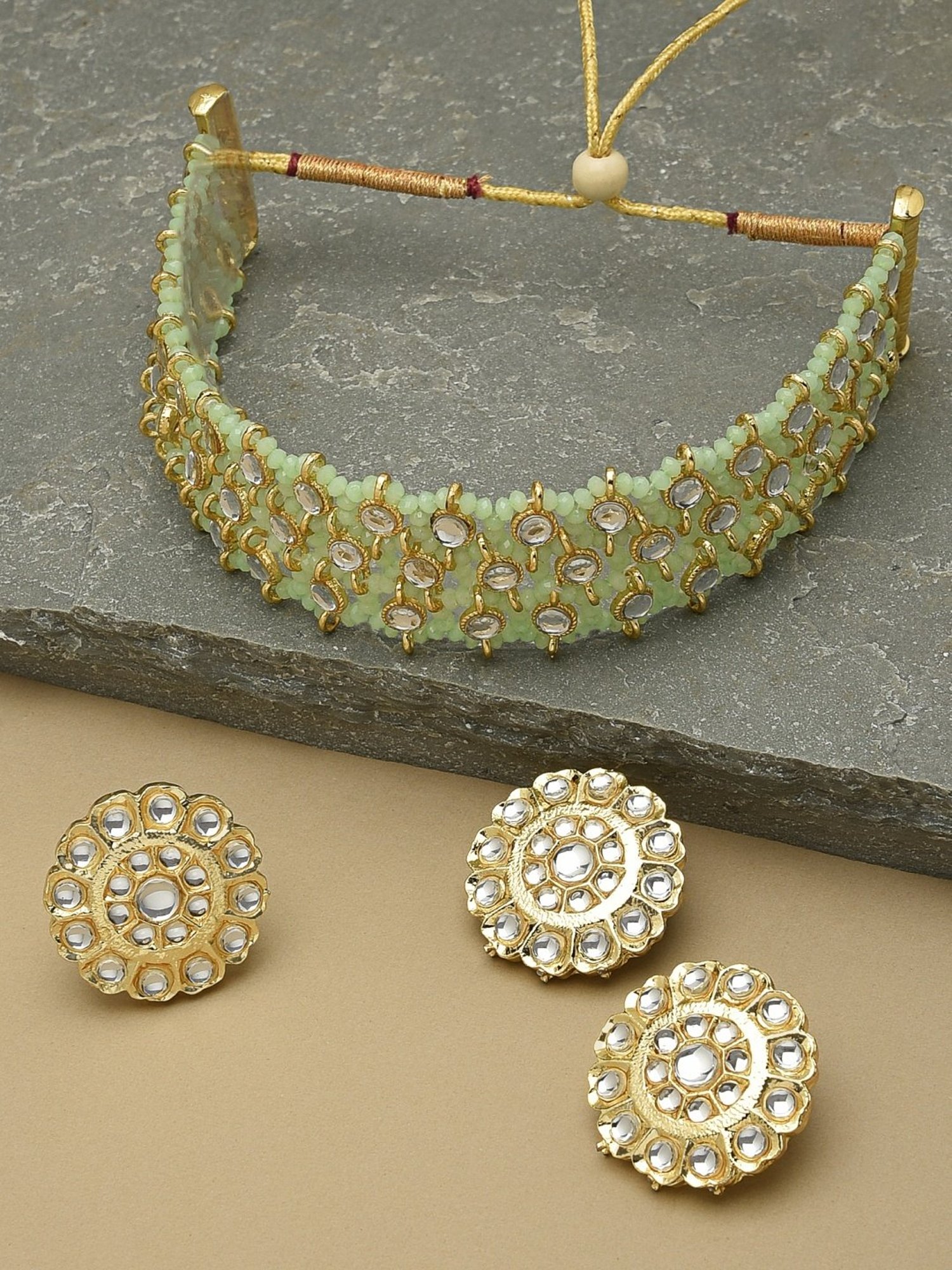 Zaveri Pearls Green Crystal Beads & Kundan Woven Necklace, Earring & Ring Set