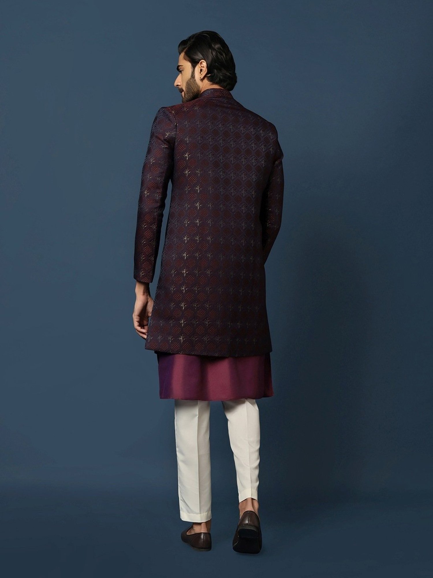 KISAH Maroon Cotton Regular Fit Self Pattern Sherwani Set