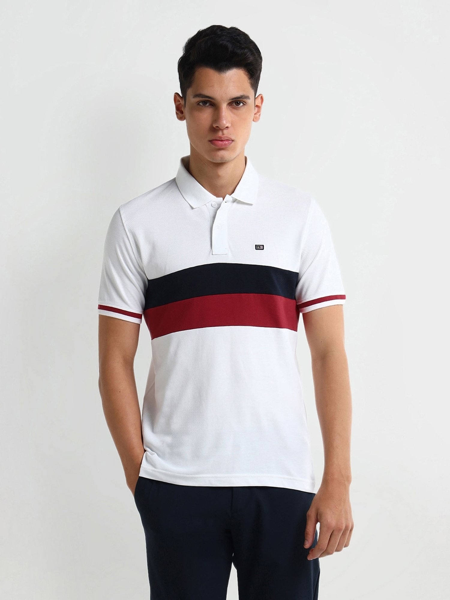 Arrow White Regular fit Stripes Polo T-Shirt