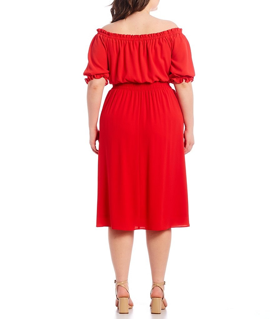 London Times Plus Size Off-the-Shoulder Short Puff Sleeve Crepe Midi Dress