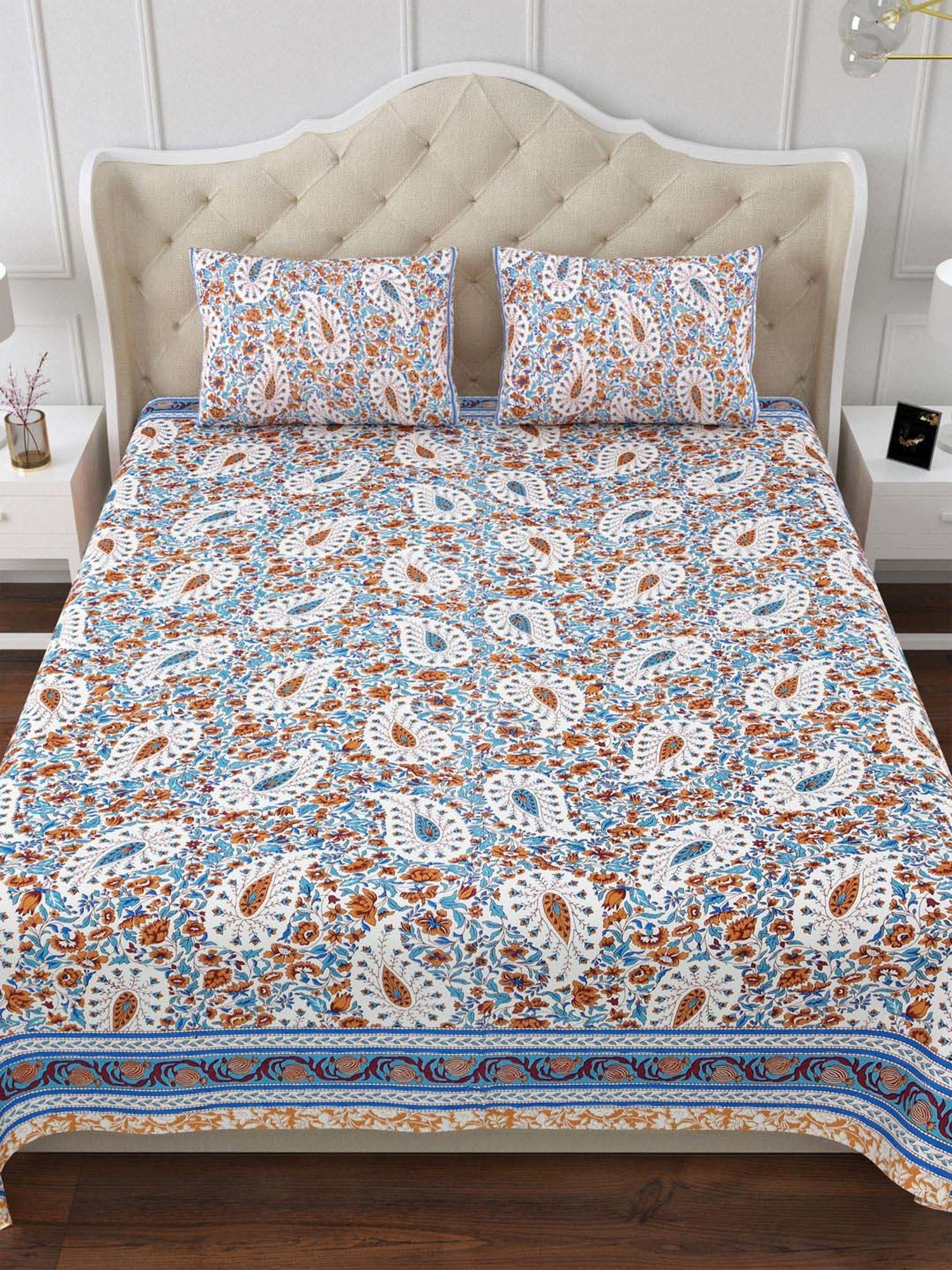 Aapno Rajasthan Bougainville Treasures Blue & Orange Cotton Double Bedsheet With 2 Pillow Cover