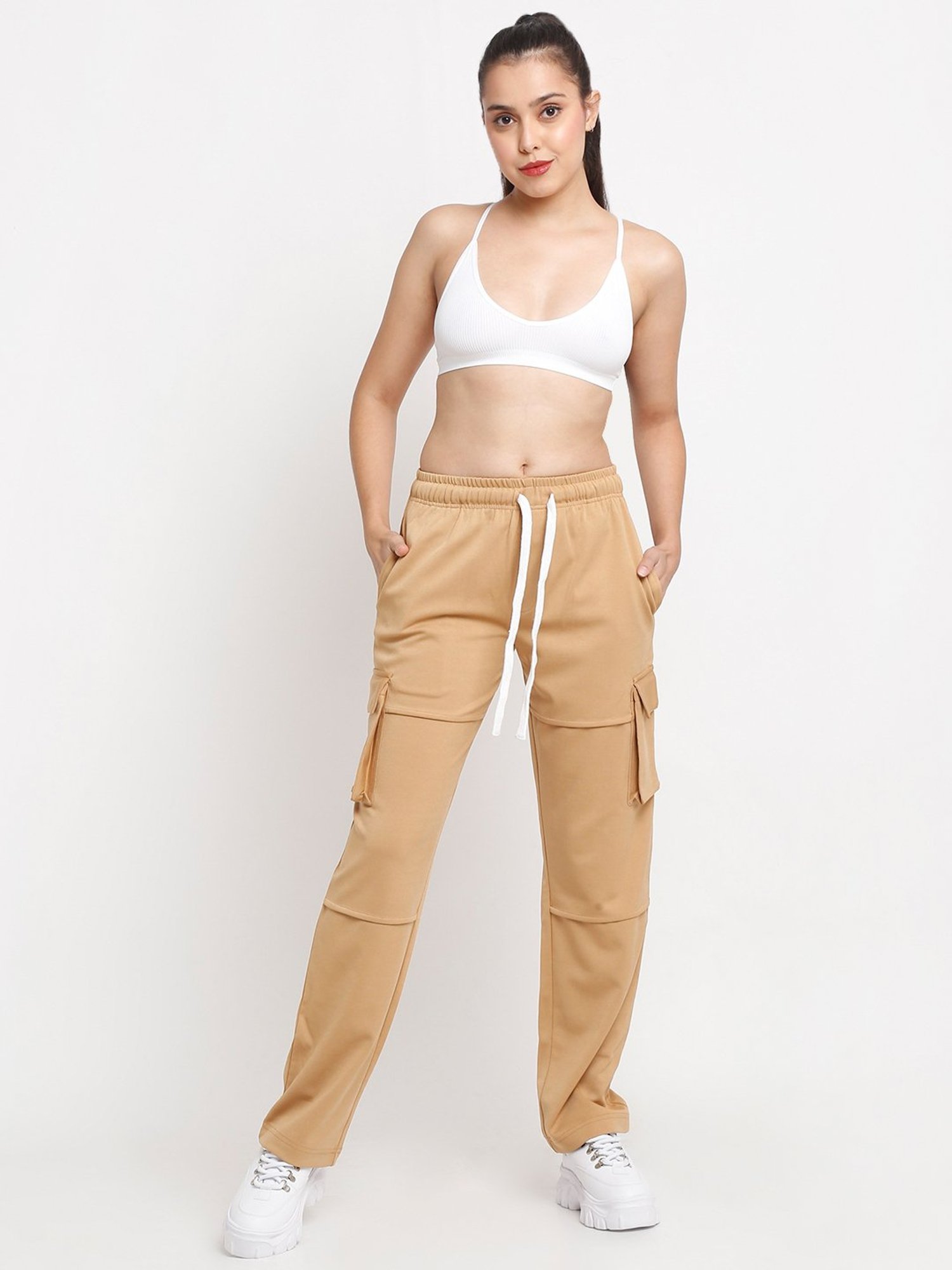 EVERDION Tan Straight Fit Mid Rise Cargo Pants