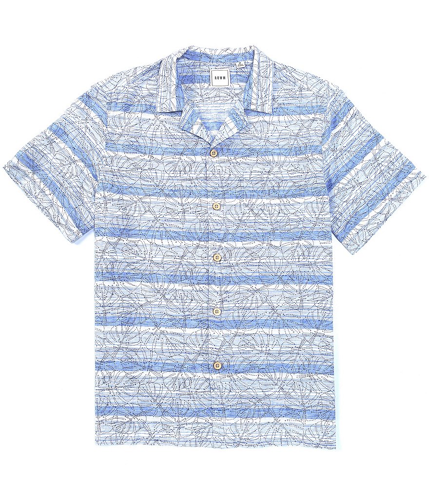 Rowm Short Sleeve Palm Printed Stripe Camp Shirt