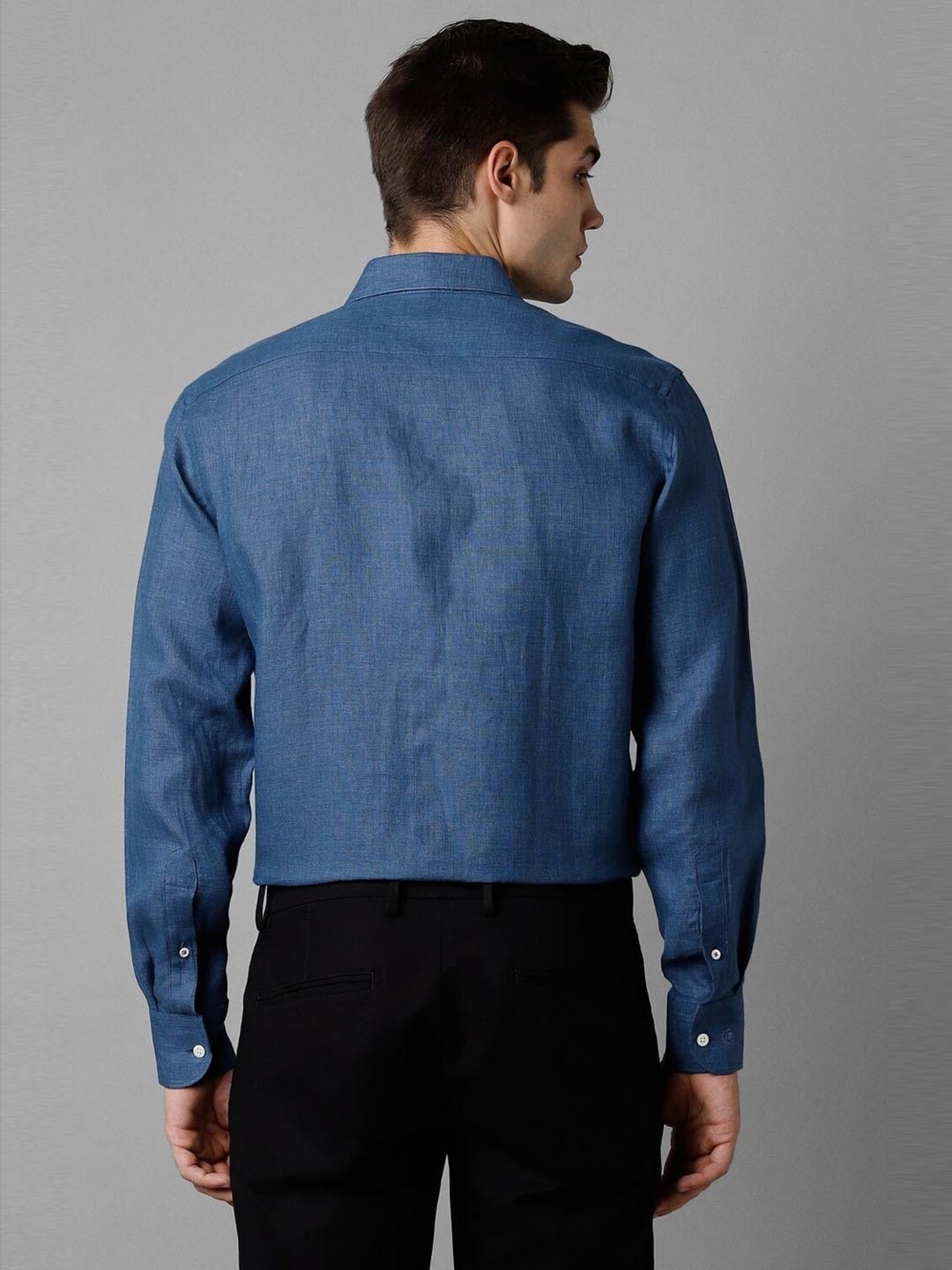 Luxure By Louis Philippe Blue Linen Regular Fit Self Pattern Shirt