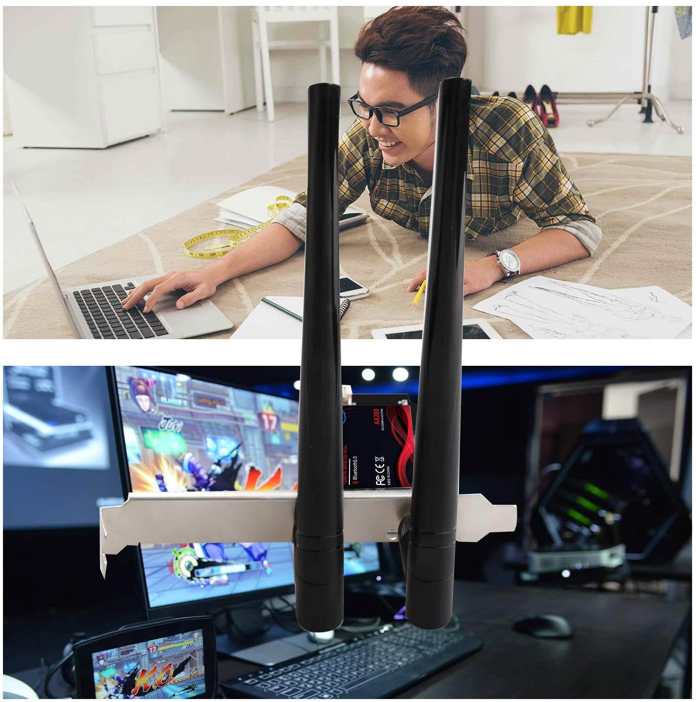 WiFi 6 PCIE WiFi Card | 802.11AX Dual d 2.4G/574M 5.8G/2400M Wireless Network Card | Bluetooth 5.0 | Intel AX200 Dual-Band Gigabit| MU-MIMO | Low Latency |bit with Shielding Cover Receiver 3000Mbps