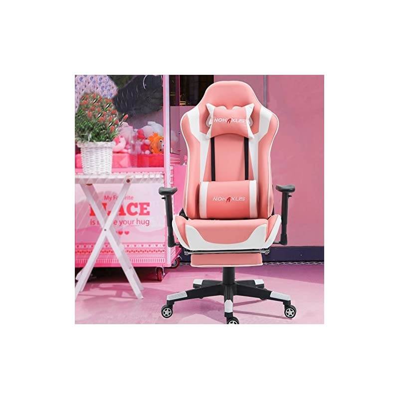 Gaming Chair Large Size High-Back Ergonomic Racing Seat with Massager Lumbar Support and Retractible Footrest PU Leather 90-180 Degree Adjustment of backrest Thickening sponges (YK-6008-PINK)