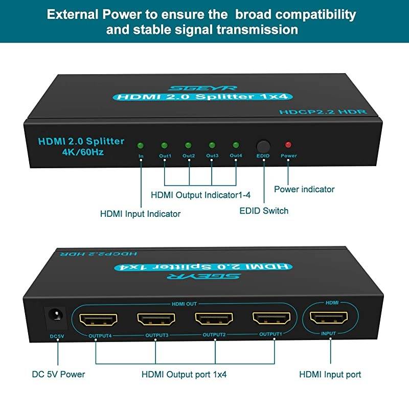 4K HDMI Splitter 1 in 4 Out HDMI Splitter 4 Ports HDMI Video Splitter Box Supports 4K@60Hz HDR Full Ultra HD 1080P and 3D Compatible with DVD Blu-Ray Player HDTV Splitter