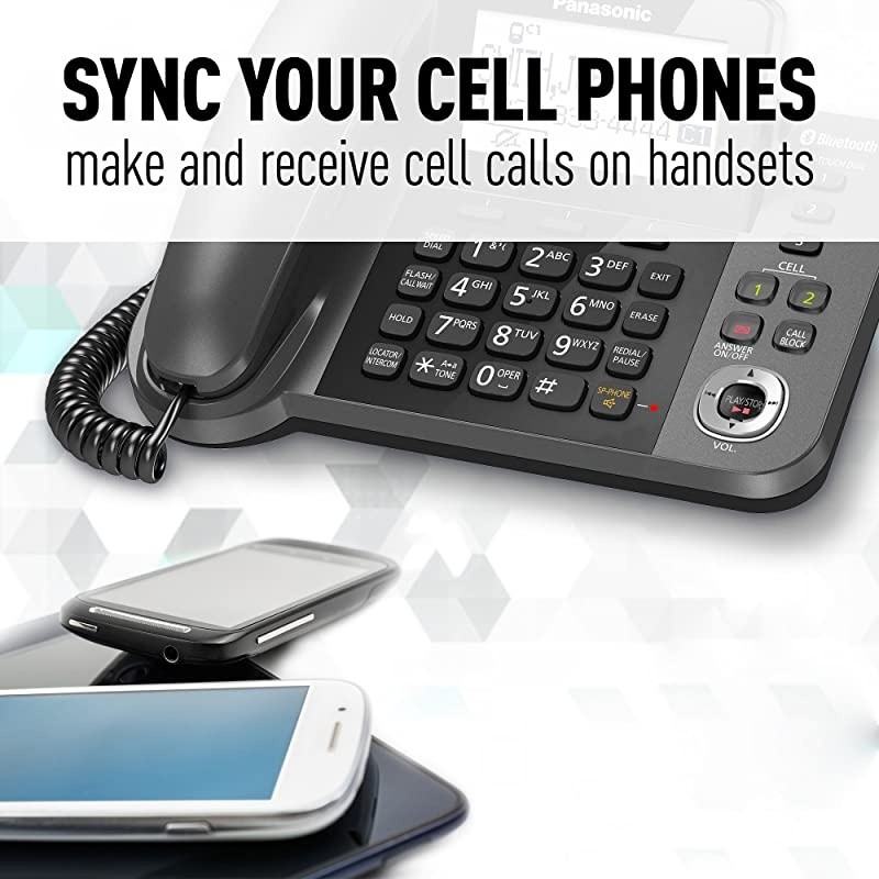 Bluetooth Corded / Cordless Phone System with Answering Machine, Enhanced Noise Reduction and One-Touch Call Block - 2 Handsets - KX-TGF382M (Metallic Black)