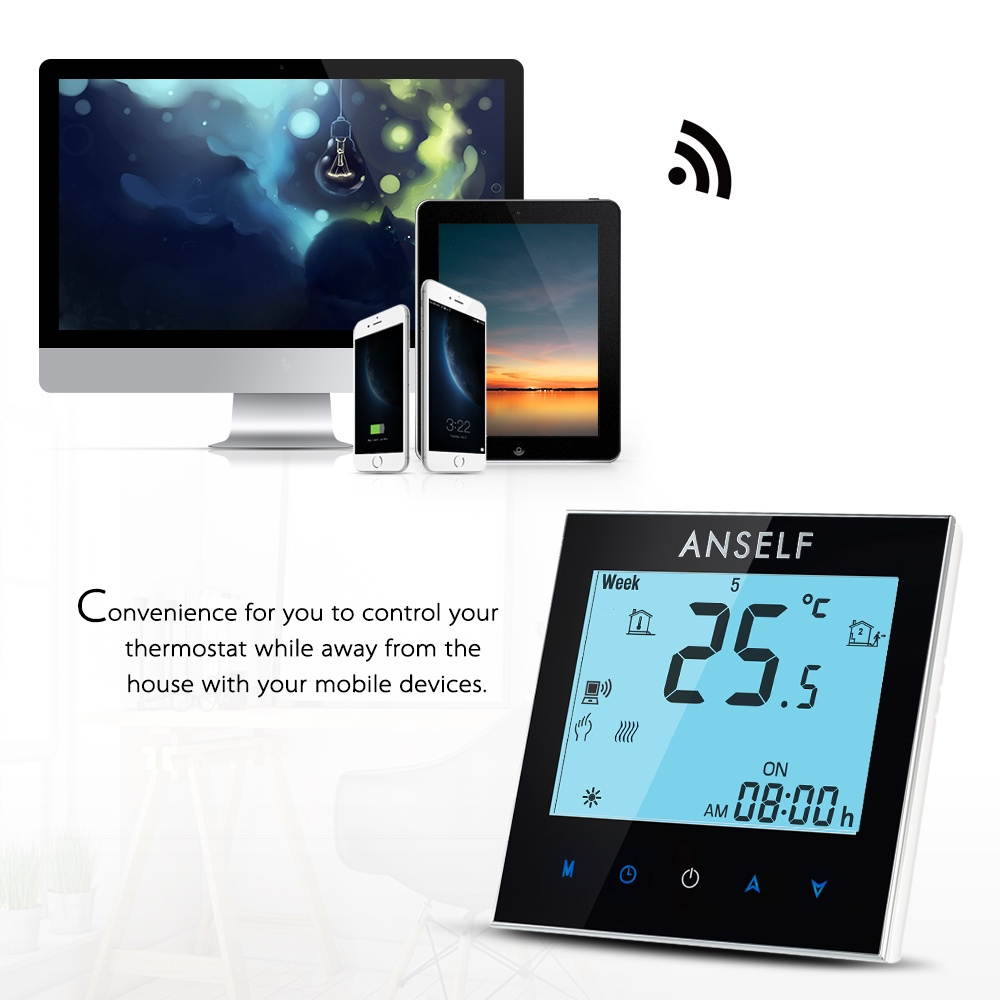 Anself 3A 110~240V Water Heating Energy Saving WIFI Smart Thermostat with Touchscreen LCD Display Durable Programmable Temperature Controller Good Quality Home Improvement Product Thermostat for Floor