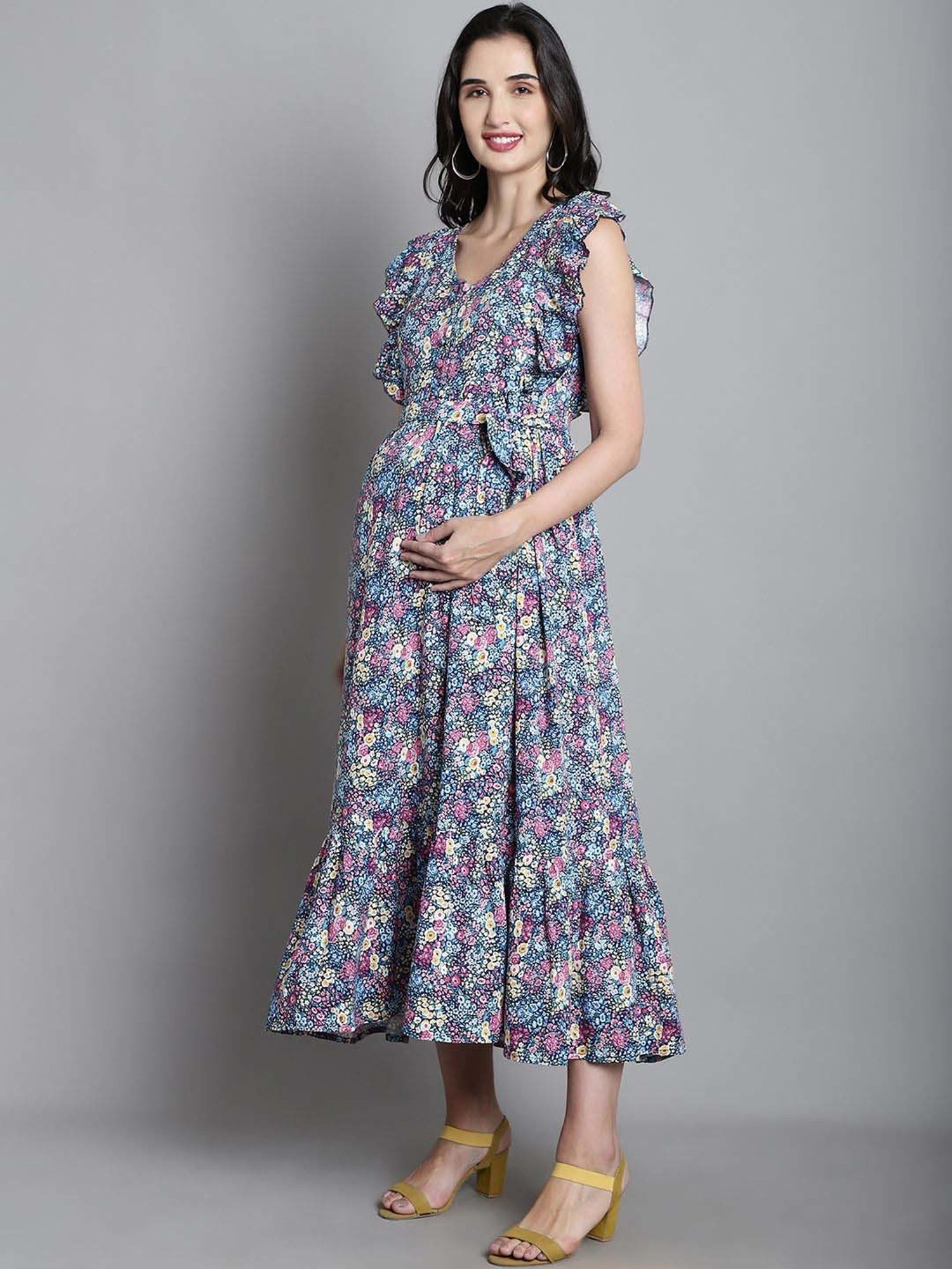 Moms Maternity Blue Floral Print Maternity Dress