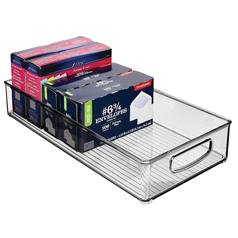 Plastic Storage Bin with Handles for Office Desk Book Shelf Filing Cabinet Organizer for Sticky Notes Pens Notepads Pencils Supplies BPA Free 16 Deep 4 Long Smoke Gray