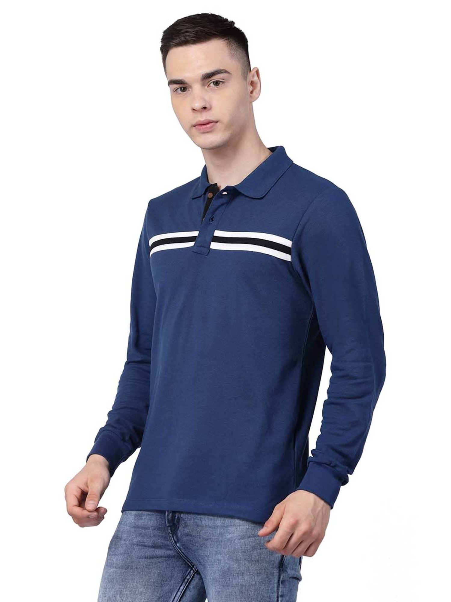 Kalt Blue Regular Fit Striped Polo T-Shirt