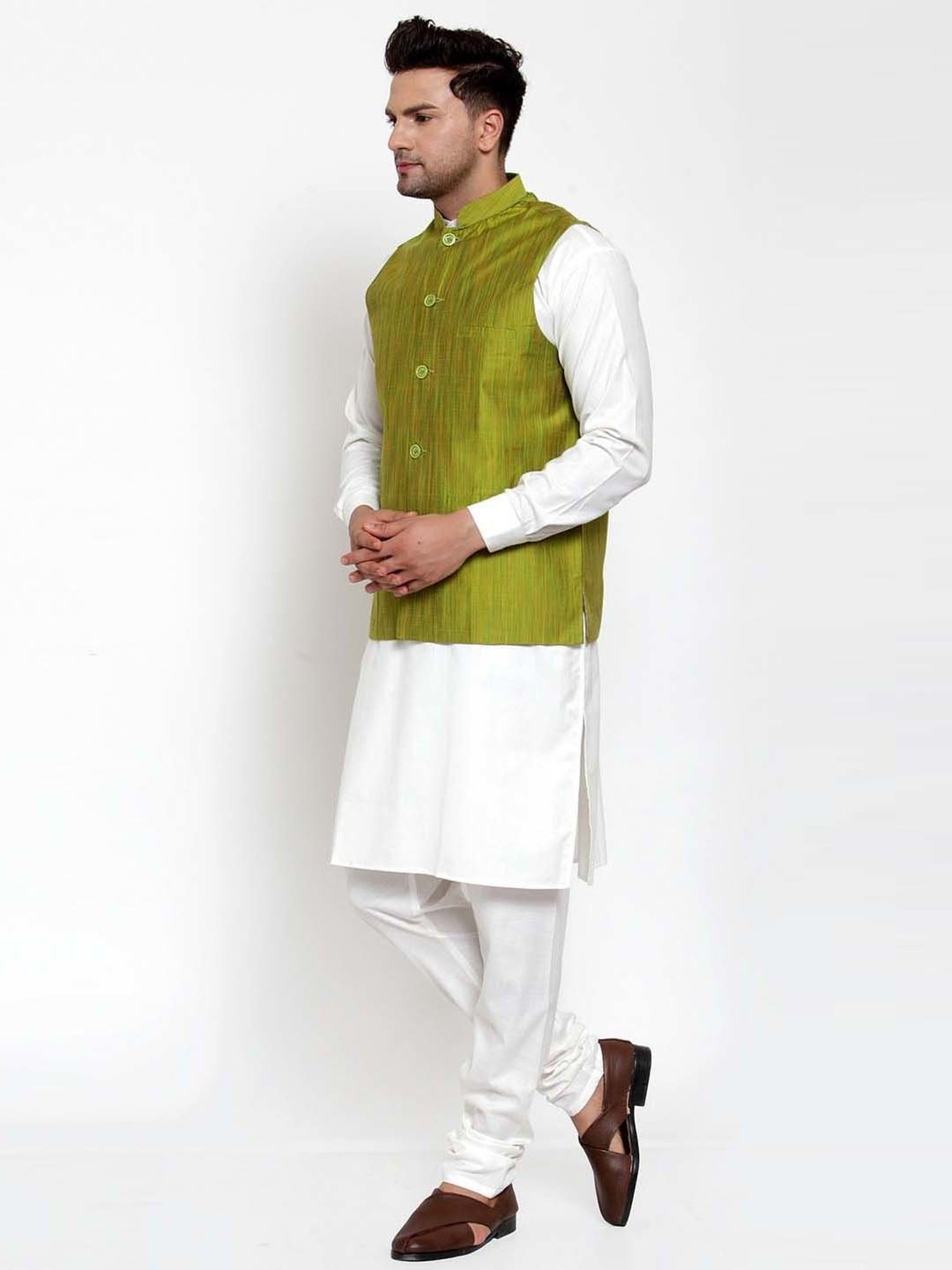 Jompers Green Cotton Regular Fit Texture Nehru Jacket