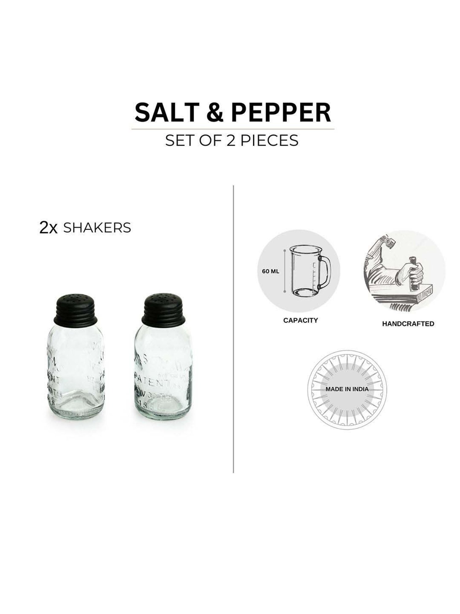 ExclusiveLane Transparent & Black Glass Mason Bottle Salt & Pepper Shakers Set