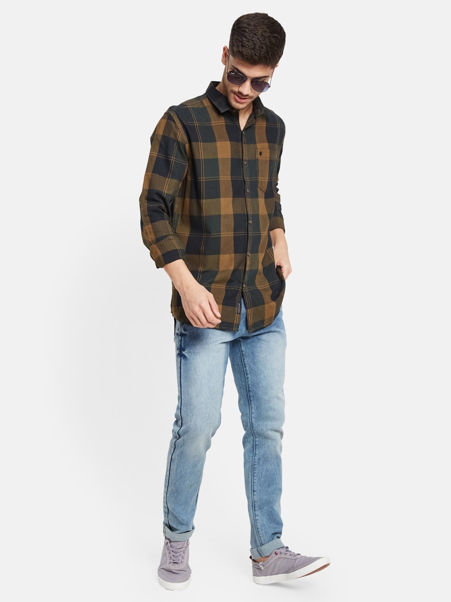 METTLE Espresso Cotton Regular Fit Checks Shirt