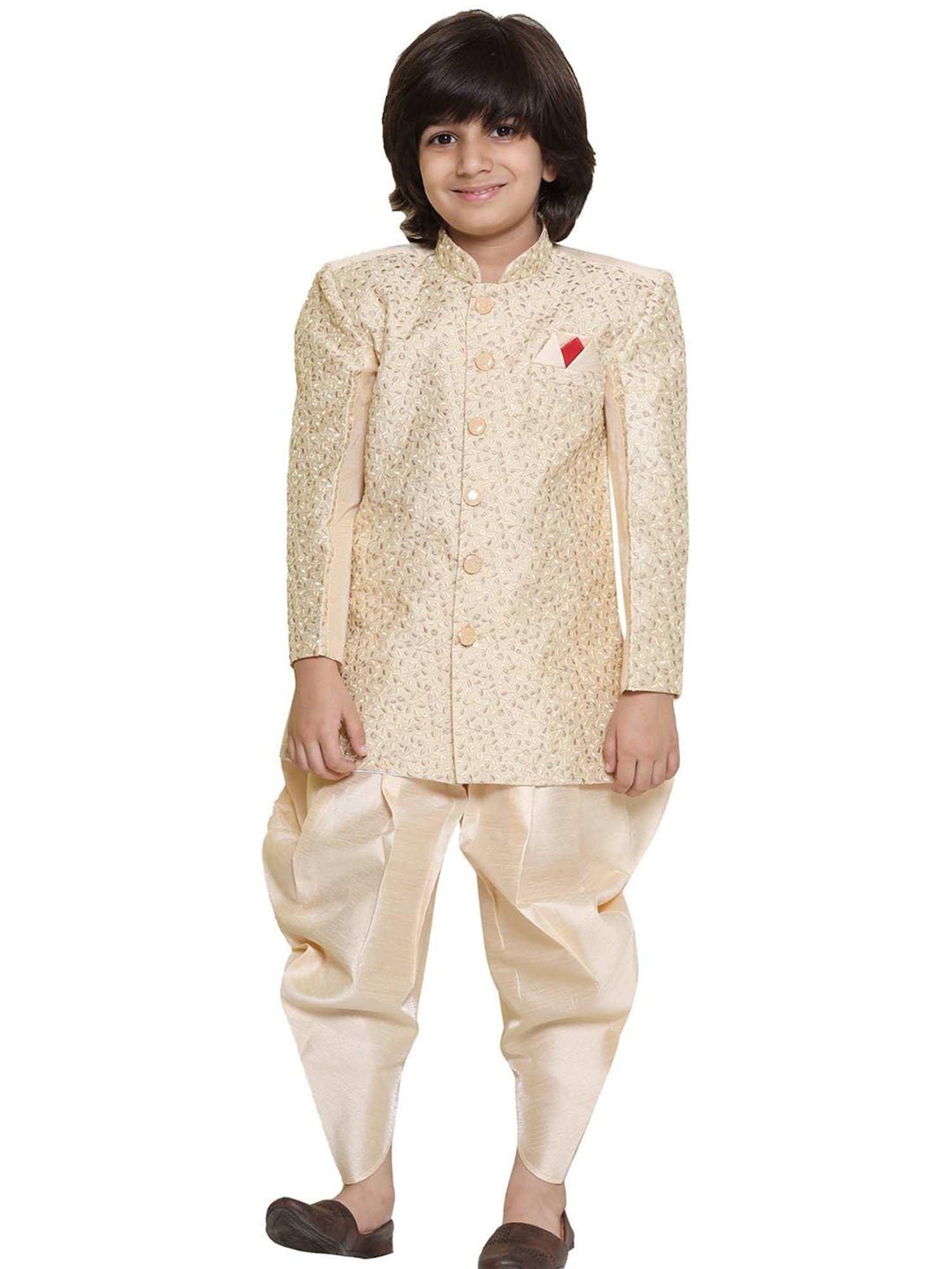 AJ Dezines Kids Beige Embroidered Full Sleeves Sherwani with Patiala Salwar