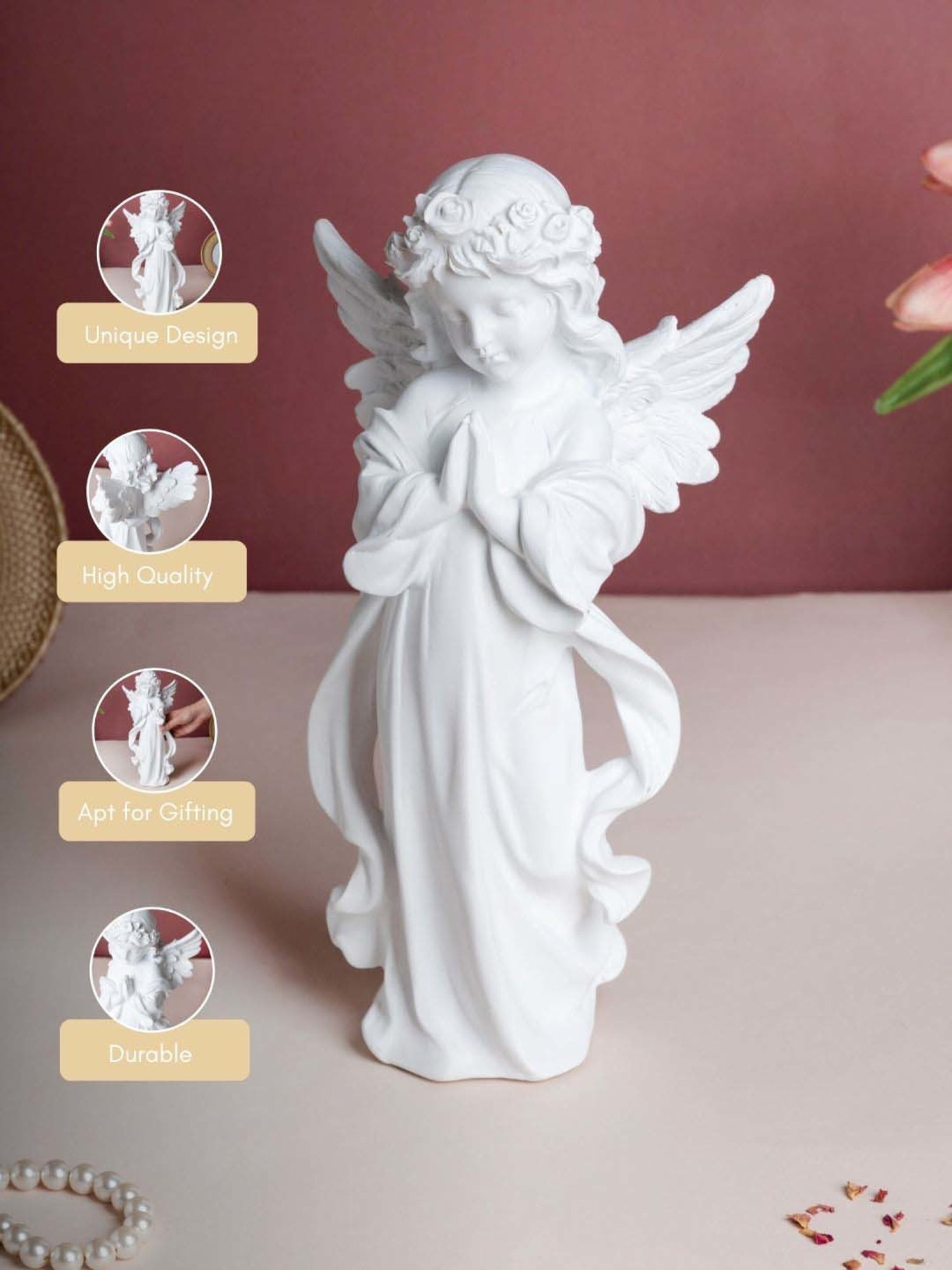 Nestasia White Praying Angel Statue with Wings and Smooth Finishing for Decoration & Gifting (11.8")