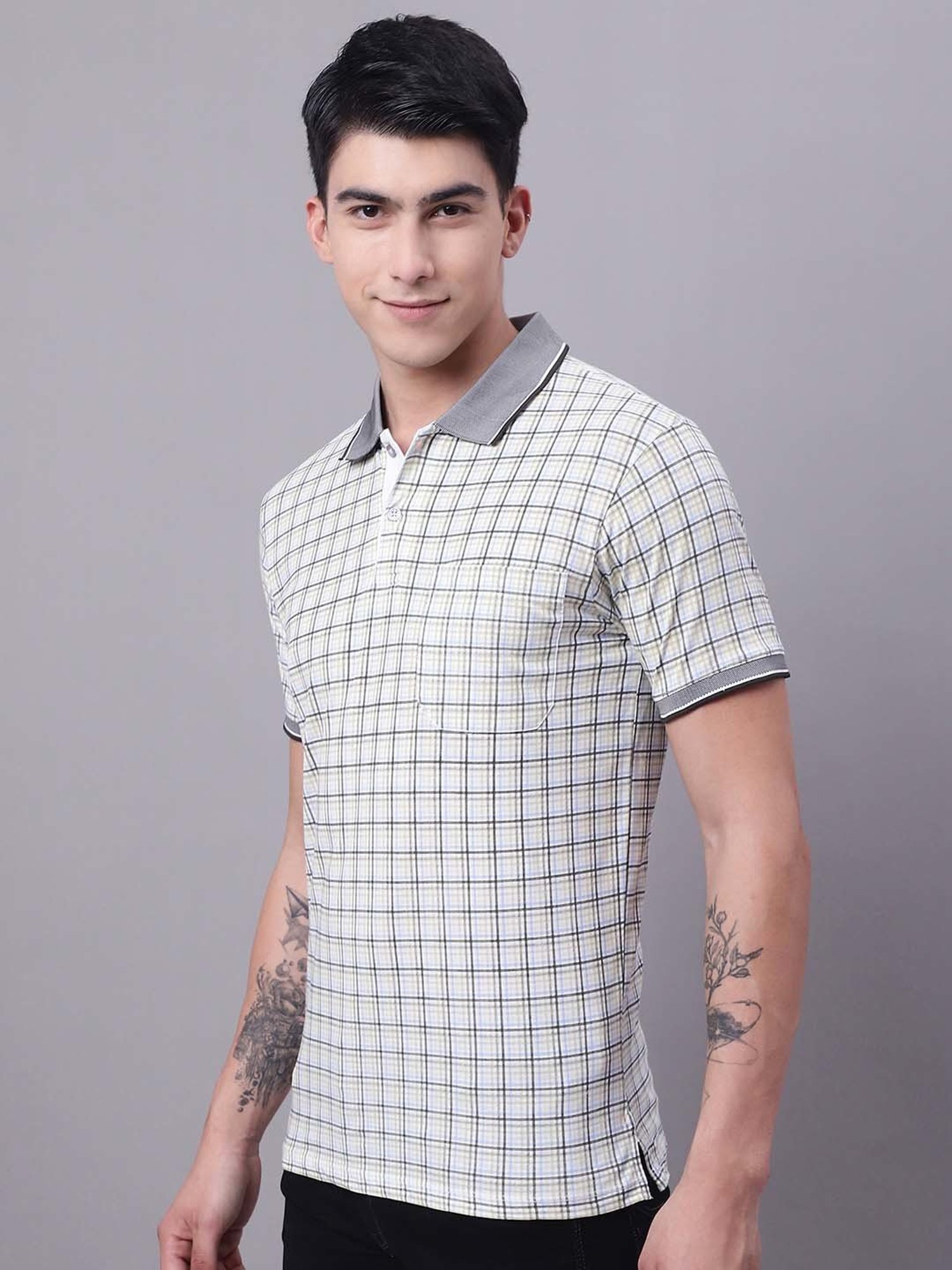 Venitian- Forbidden Clothing Olive & White Slim Fit Check Polo T-Shirt