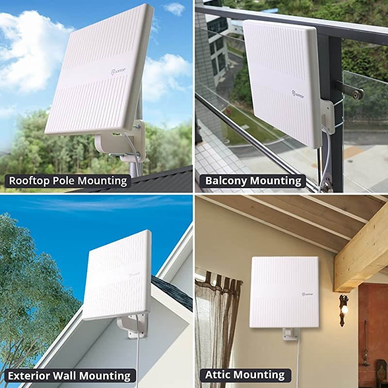 Outdoor Amplified HDTV Antenna 360&deg; Omnidirectional TV Antenna 65 Miles with Amplifier Signal Booster Support HD 4K 1080P UHF VHF Freeview for IndoorOutdoorRVAttic UseSupport 2 TVs