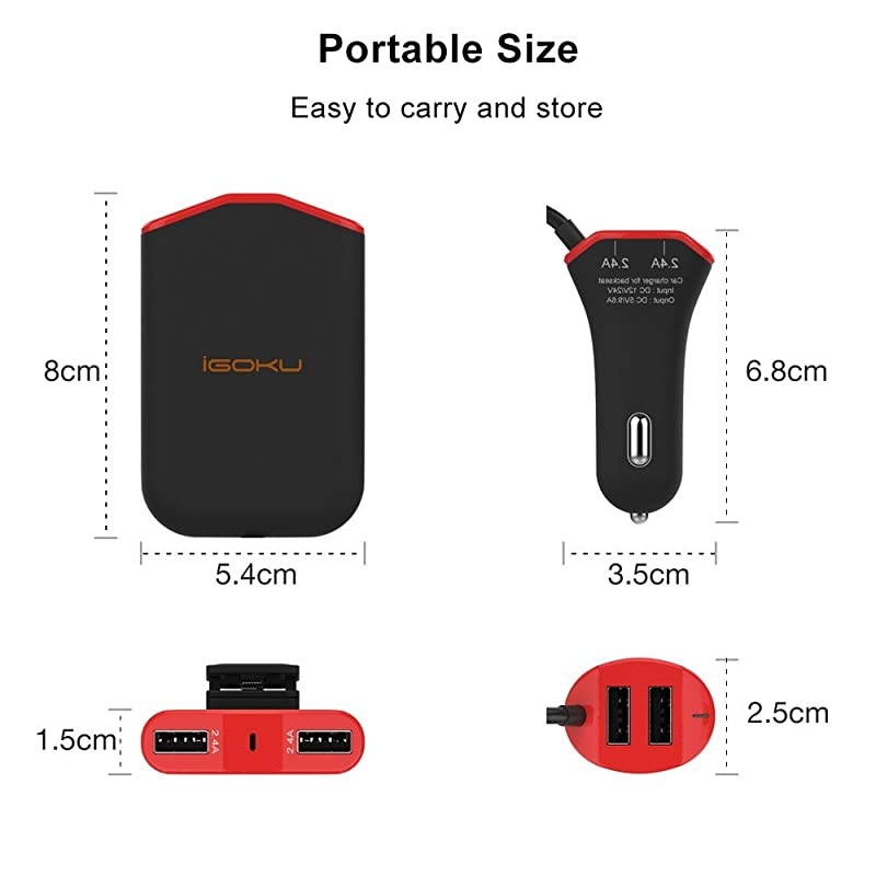 Car Charger USB 4 Ports 48W 96A with Builtin Fuse Designed for Front and Back Seat Quick Charge Smart Identification for iPhone iPad Galaxy Note Nexus HTC