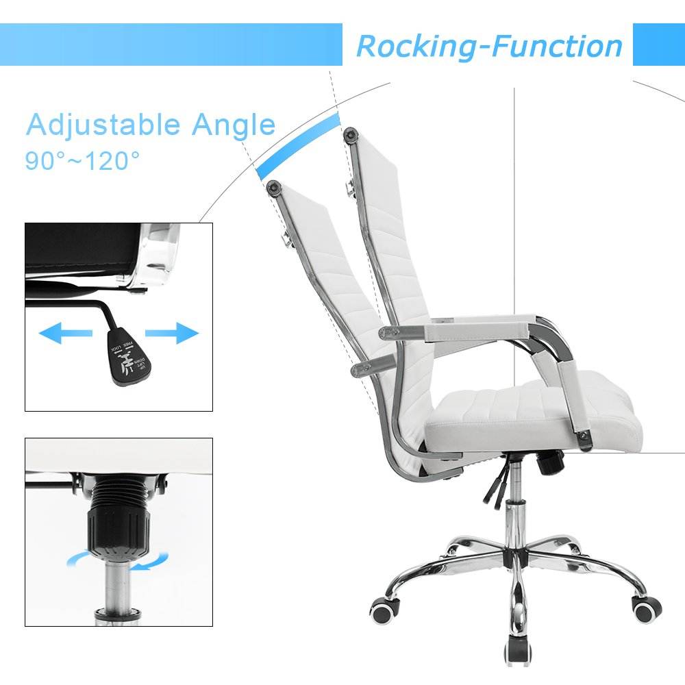Furmax Ribbed Office Desk Chair Mid-Back PU Leather Executive Conference Task Chair Adjustable Swivel Chair with Arms (White)