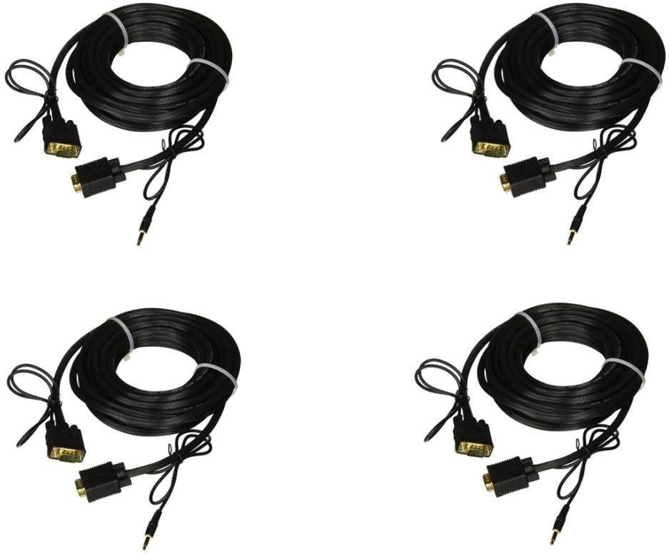 C&E 4 pack, 25 Feet SVGA 3.5mm Male to Male Audio Cable, Double Shielded Black , CNE466861