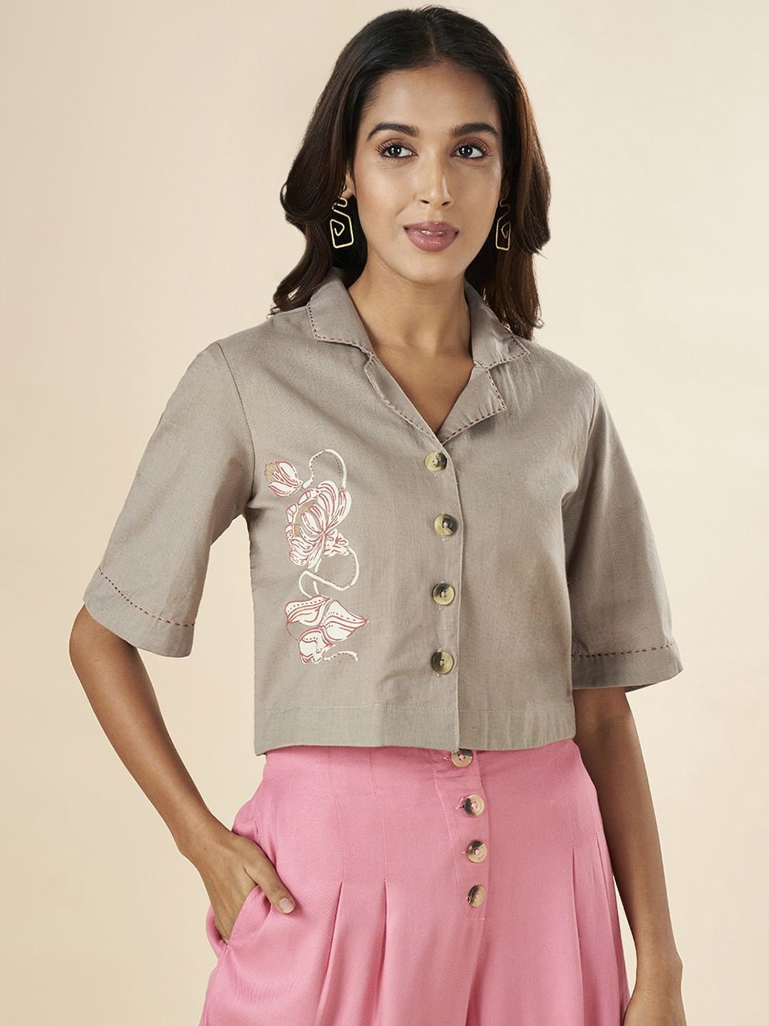 Akkriti by Pantaloons Grey Cotton Floral Print Crop Top