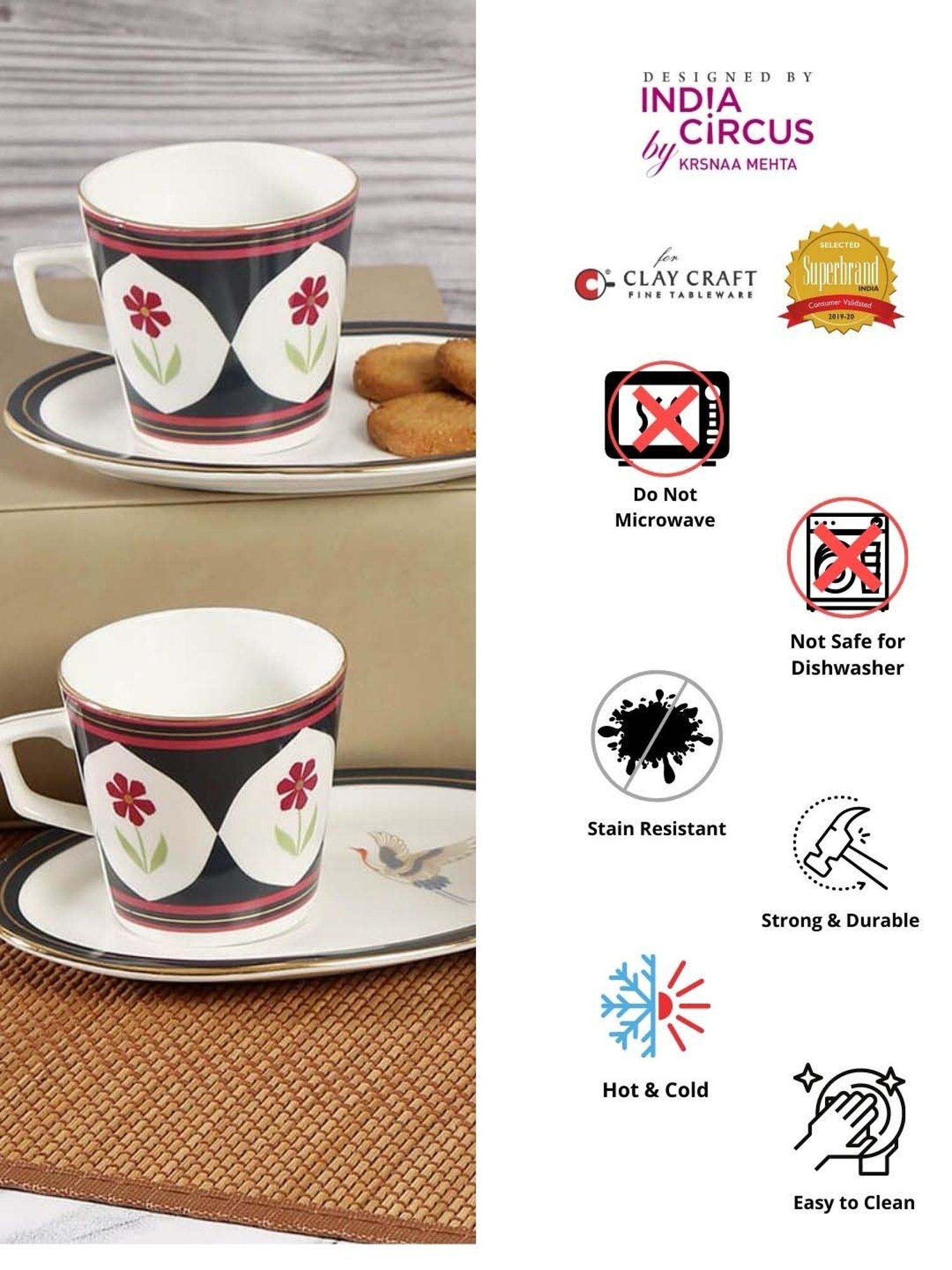 India Circus Black & White Ceramic 4 Cup (0.22 L) with 4 Saucer