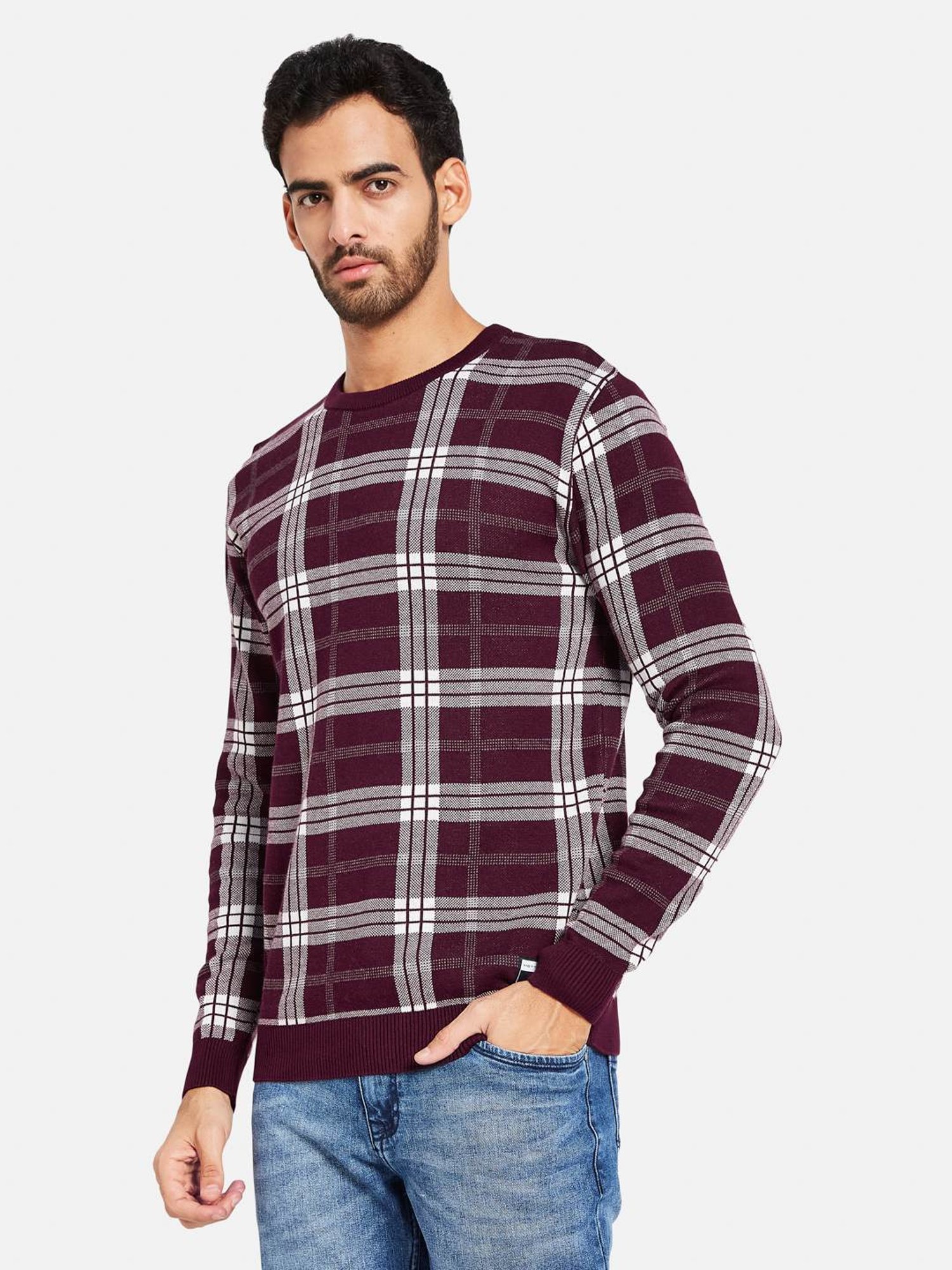 METTLE Maroon Cotton Regular Fit Checks Sweater