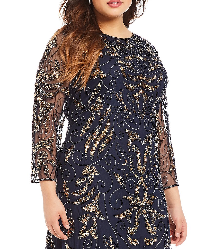 Pisarro Nights Plus Size 3/4 Sleeve Round Neck Beaded Gown