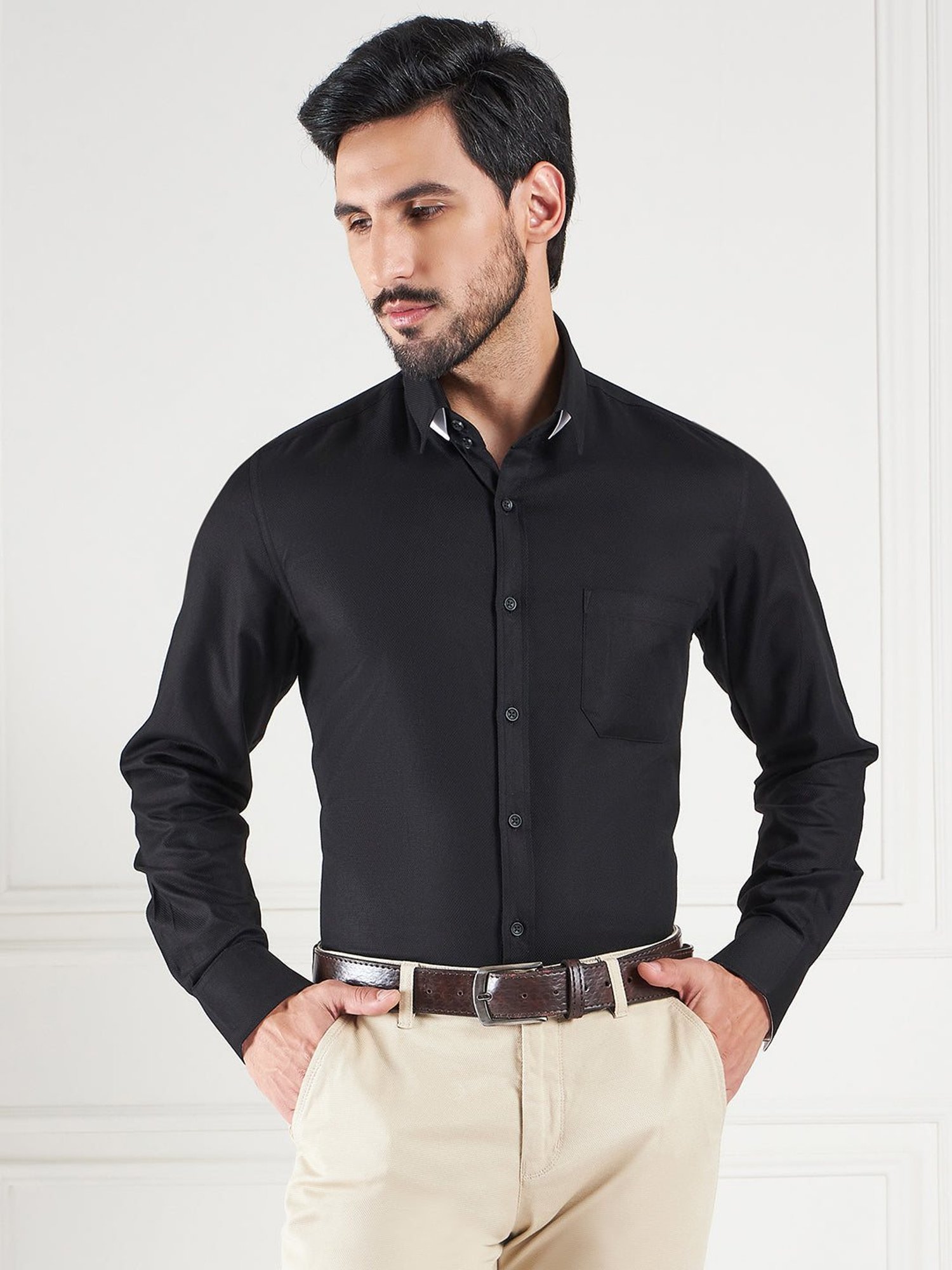 Louis Stitch Black Cotton Regular Fit Texture Shirt