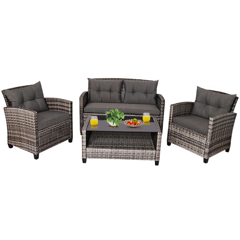 Costway 4PCS Patio Rattan Furniture Set Coffee Table Cushioned Sofa Garden Lawn Gray