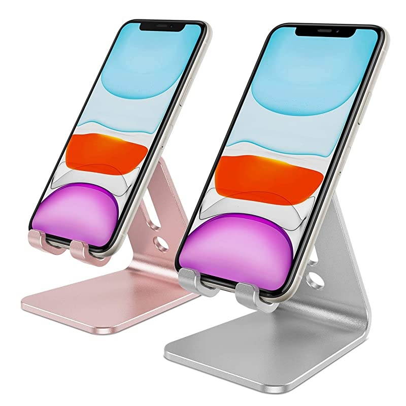 2 Pack]  Cell Phone Stand, Upgraded Aluminum Cell Phone Holder Phone Cradle with Protective Pads for iPhone 11 Pro Max, 11 XR XS 8 Plus SE , iPad Mini and Android Phones (Silver + Rose Gold)