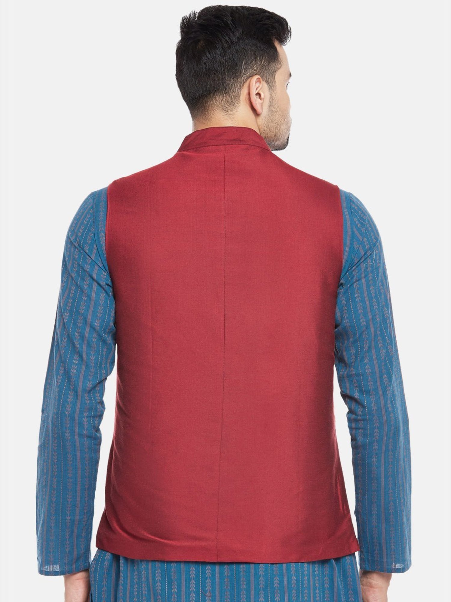 Indus Route by Pantaloons Maroon Regular Fit Self Pattern Nehru Jacket