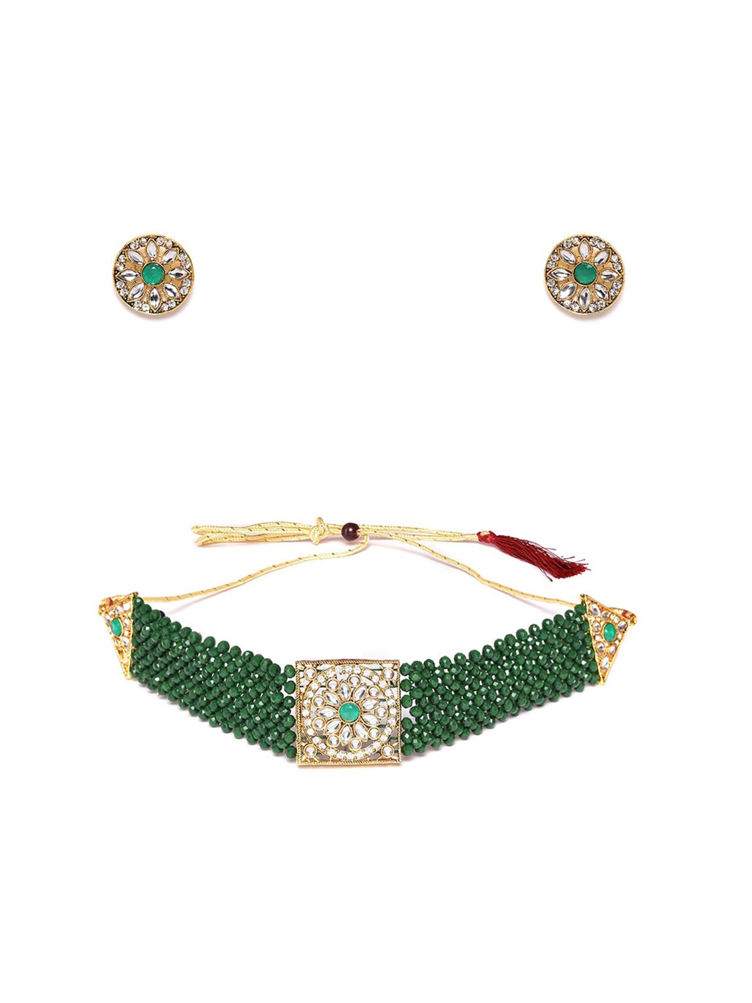 Zaveri Pearls Green Crystal Beads & Kundan Necklace & Earring Set
