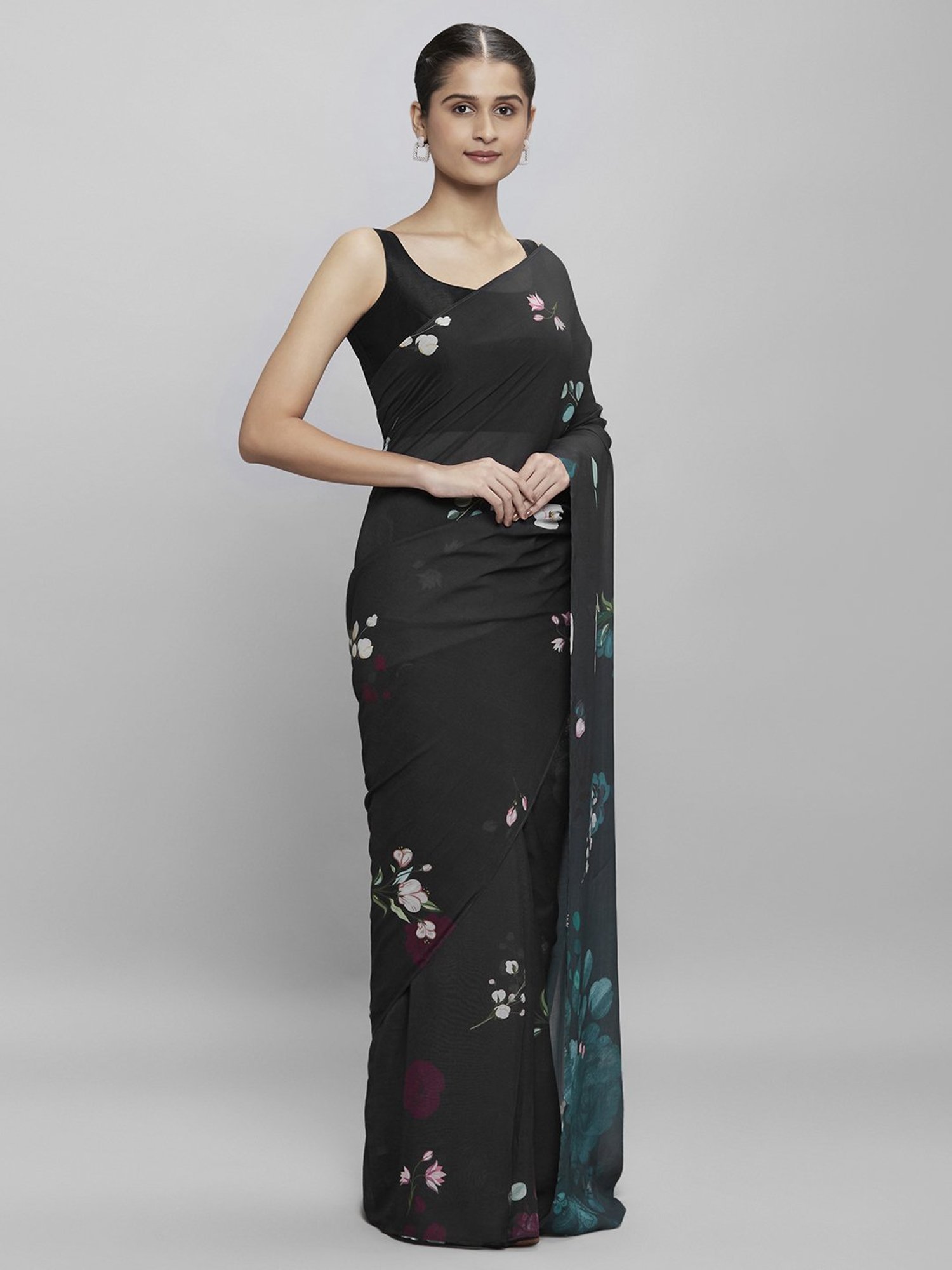 navyasa by liva Black Floral Print Saree With Unstitched Blouse