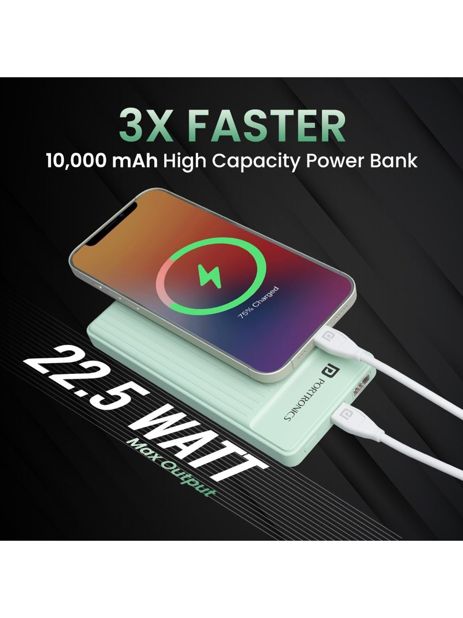 Portronics Luxcell B 10000mAh Power Bank 22.5W with Fast Charging & Mach USB A Output (Green)