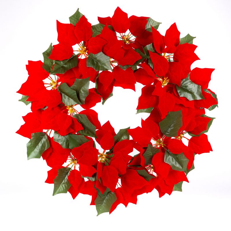 Gerson International 24-Inch Diameter Battery Operated Lighted Poinsettia Wreath with 45 Warm White Micro LED Lights.