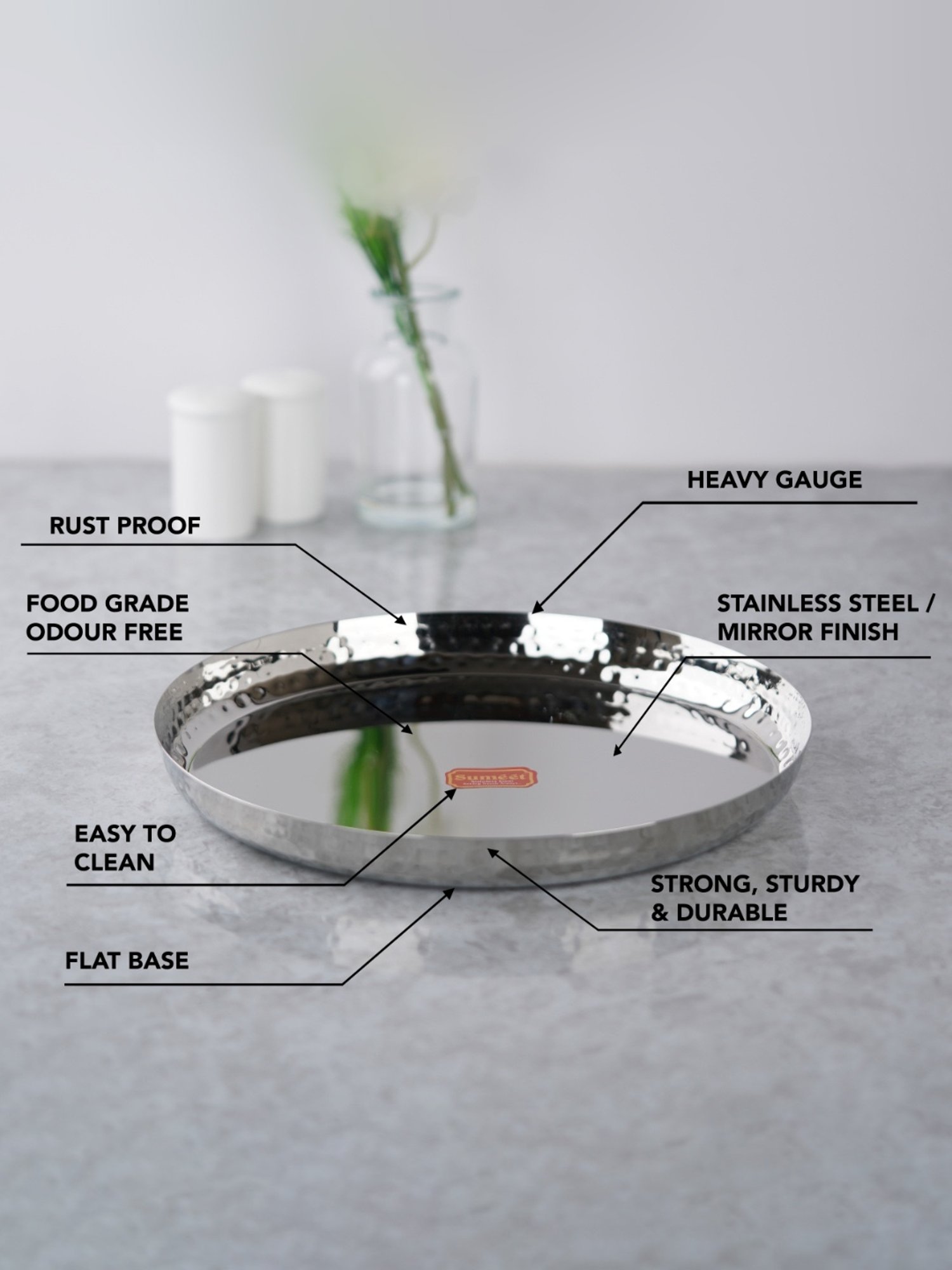 Sumeet S.S.Handcrafted Hammered Texture Heavy Gauge Mirror Finish Royal Dinner Plate set-4pc,29.5cm