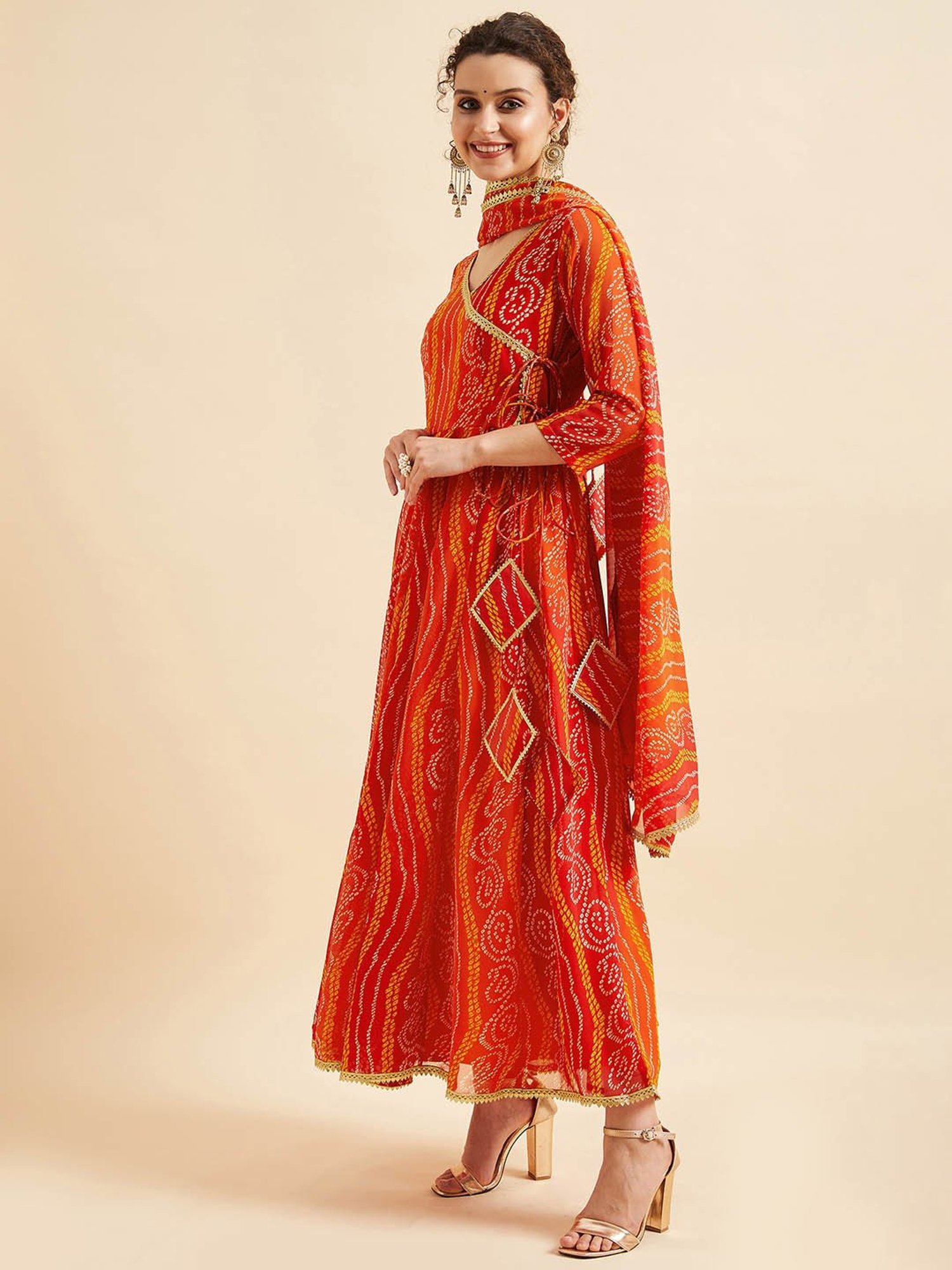 PANIT Orange Printed Ethnic Dress With Dupatta