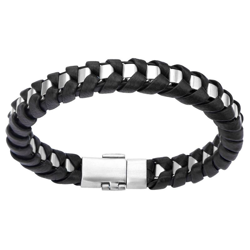 Men's Steel Art Stainless Steel with Black Leather Thread Bracelet (8")
