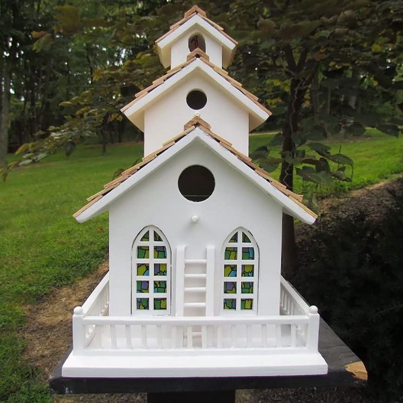 Home Bazaar HB-2047S 3 Tiered Chapel Bell Birdhouse with Chiming Bell and Stained Glass Windows for Wrens, Finches, Chickadees, and More, White