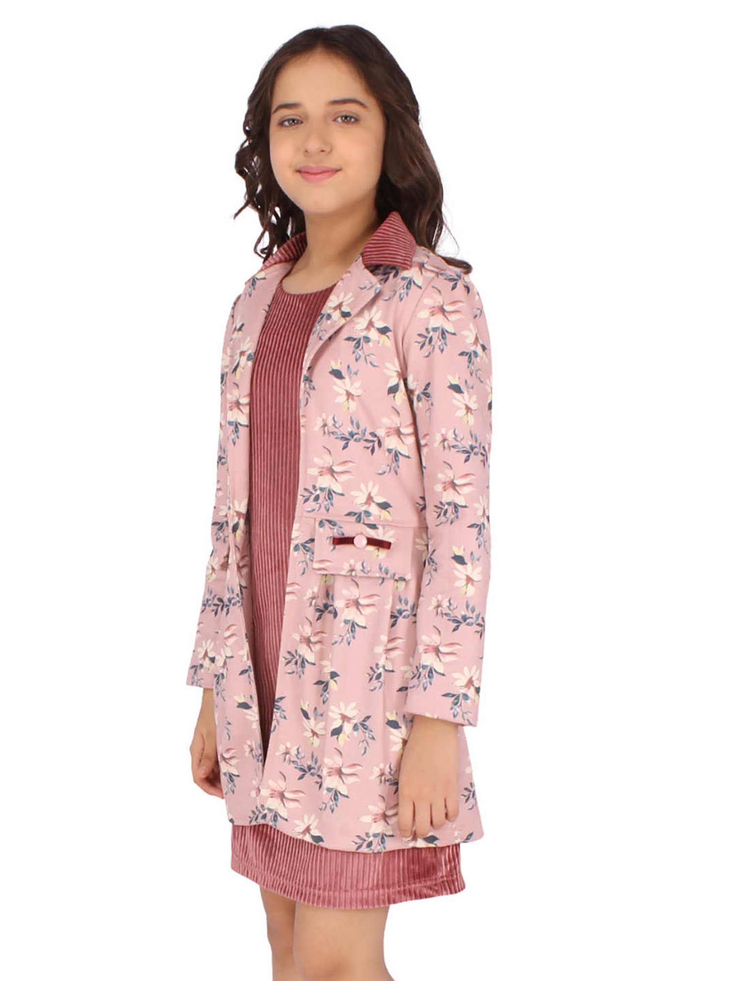 Cutecumber Kids Pink Floral Print Full Sleeves Shift Dress with Jacket