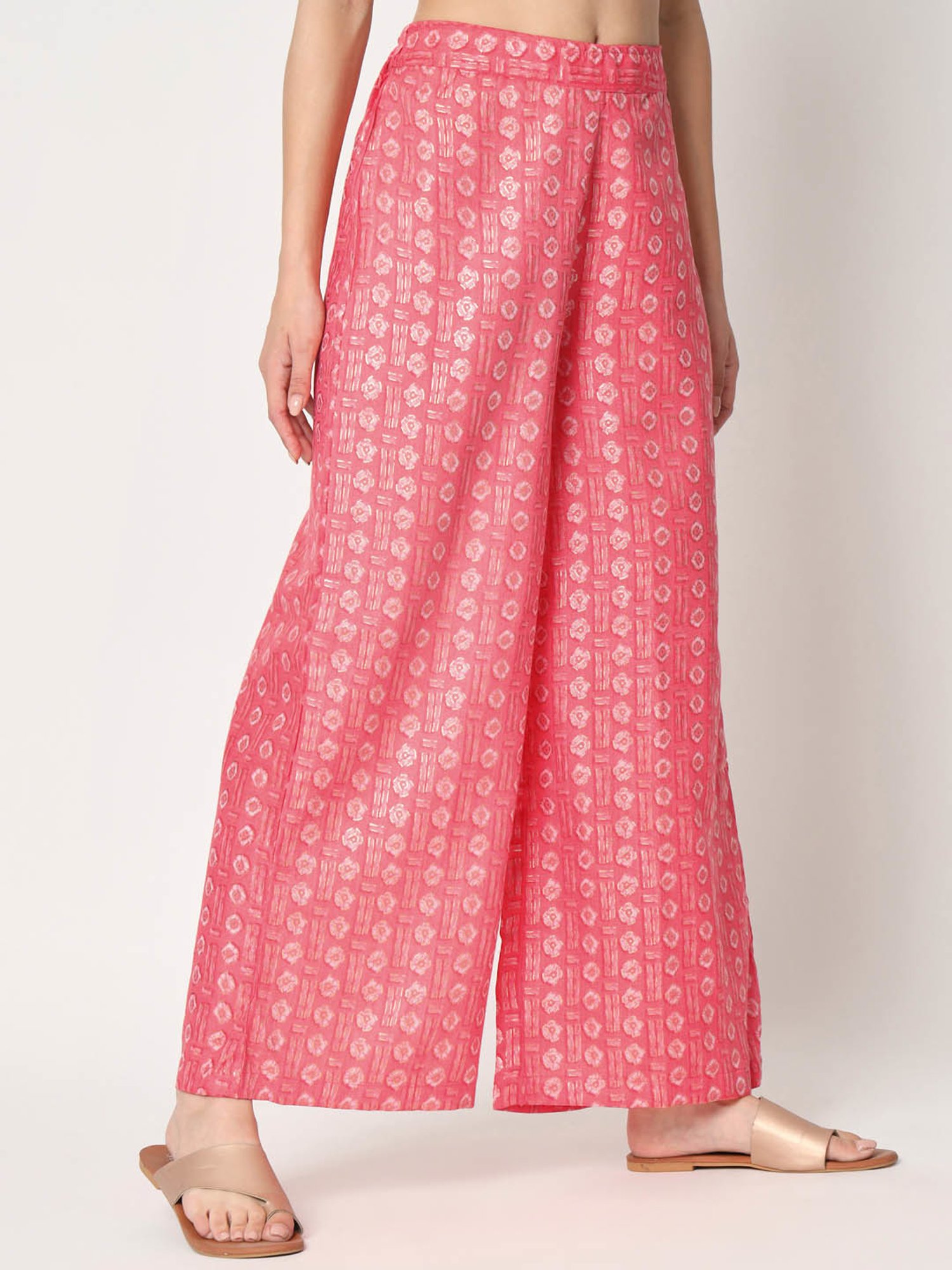 9rasa Pink Cotton Gold Foil Print Palazzos